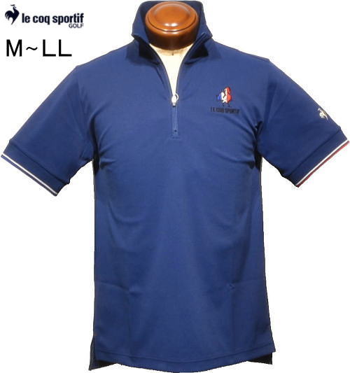 ルコックゴルフ　メンズ　ハーフジップ半袖ポロシャツ　QGMXJA23　ネイビーブルー