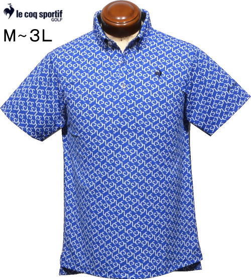 ルコックゴルフ　メンズ　ボタンダウン半袖ポロシャツ　QGMXJA53　ブルー